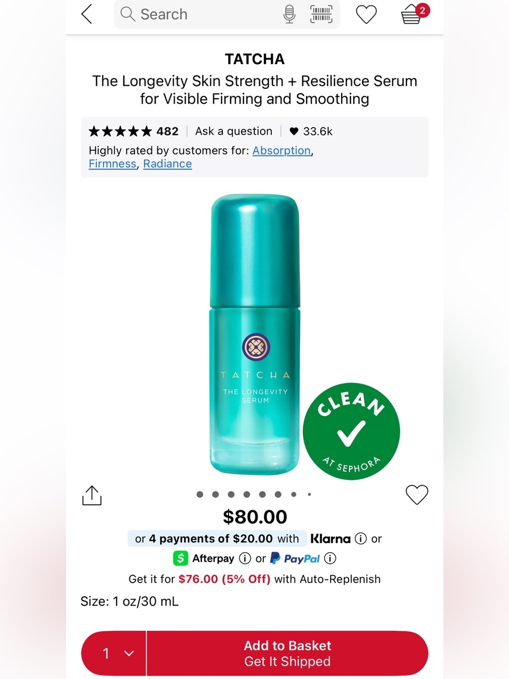 NWT Tatcha “The Longevity Skin Strength + Resilience Serum